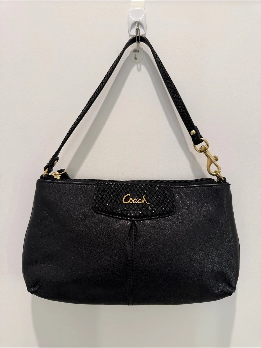 Coach Ashley Black Leather Wristlet Shoulder Bag with Gold-Tone Cursive Logo